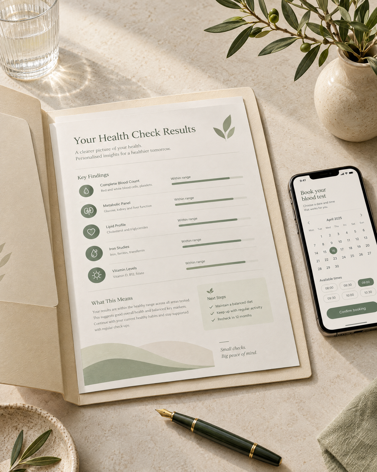 Personalised health report and booking calendar