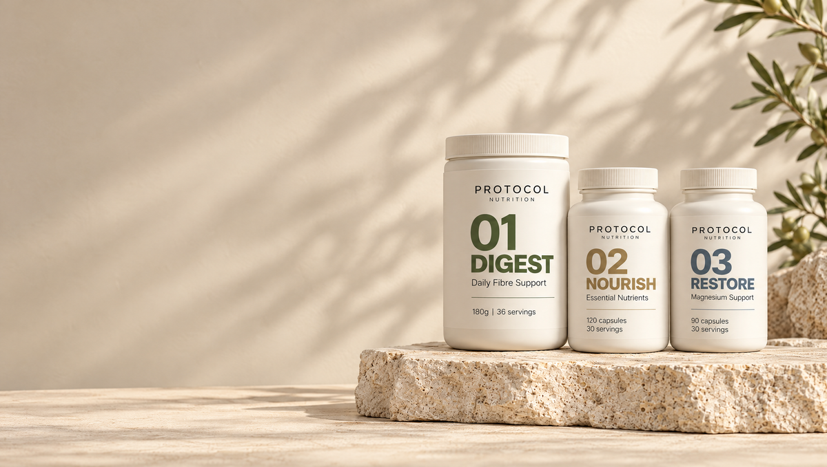 DIGEST, NOURISH and RESTORE on a stone plinth
