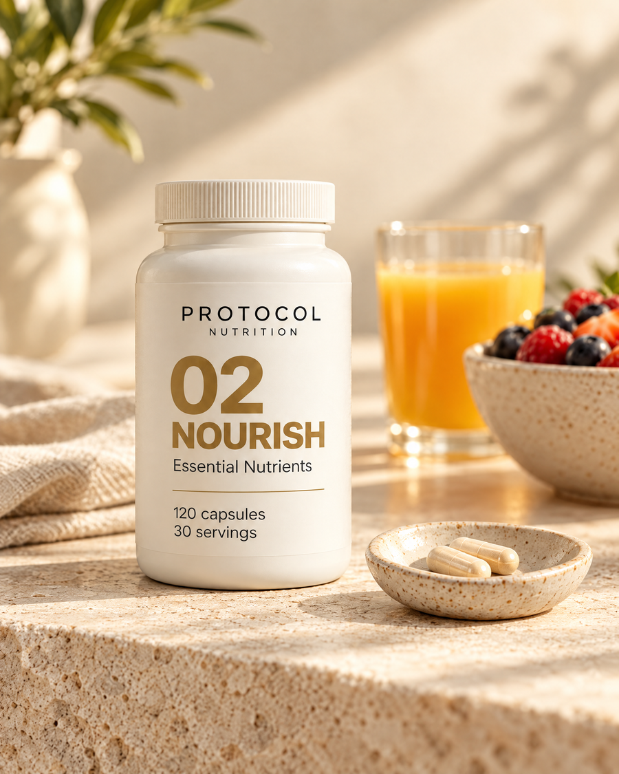 NOURISH capsules on a breakfast table
