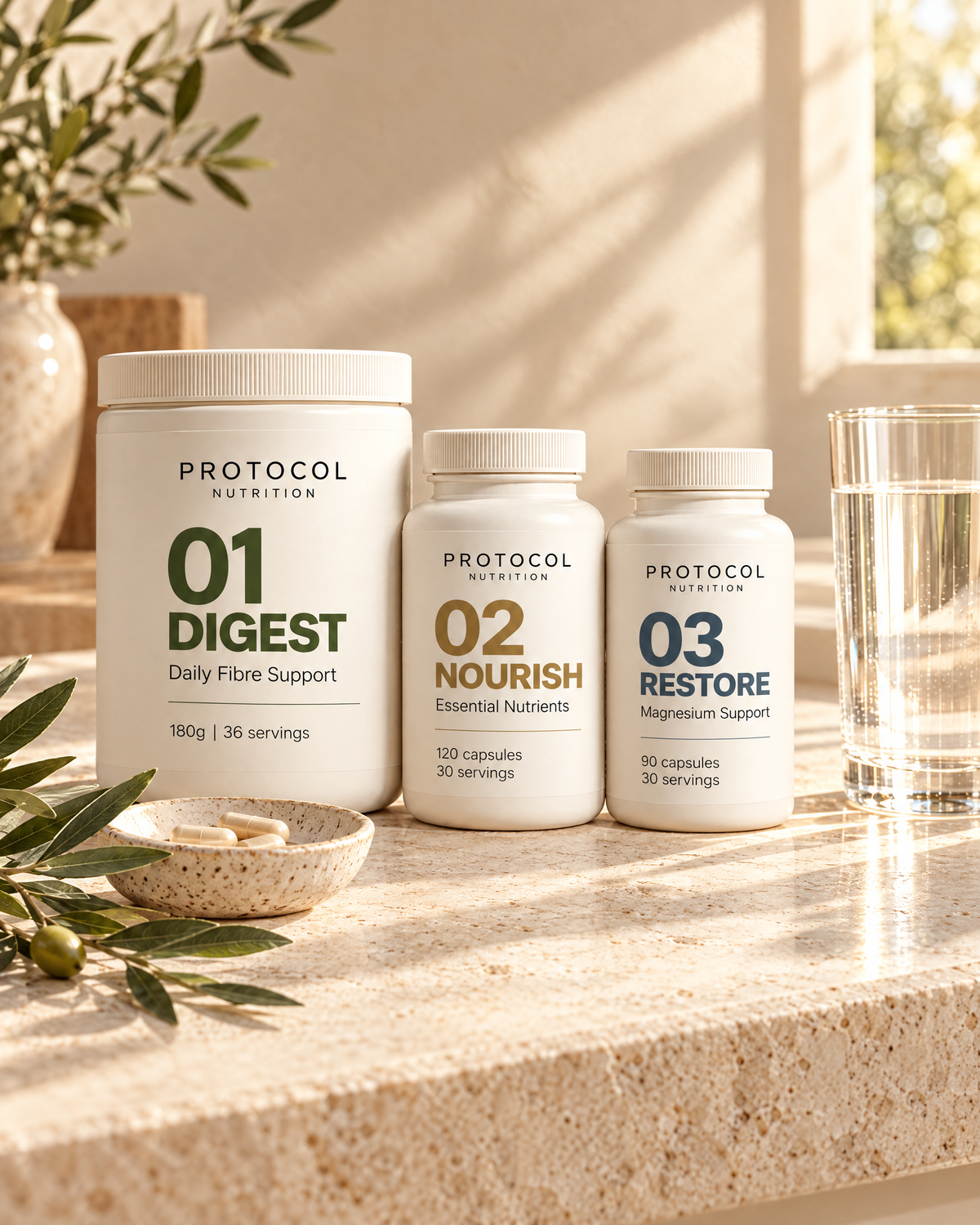 The three Protocol pots on a kitchen worktop